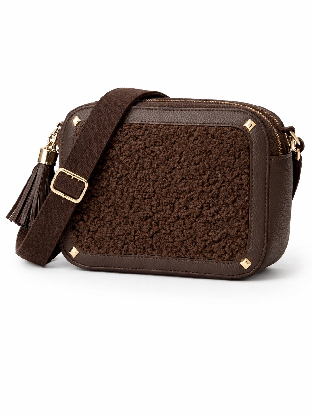Rachel Zoe Brown Sherpa Leather Trim Crossbody Bag Gold Hardware Tassel Strap